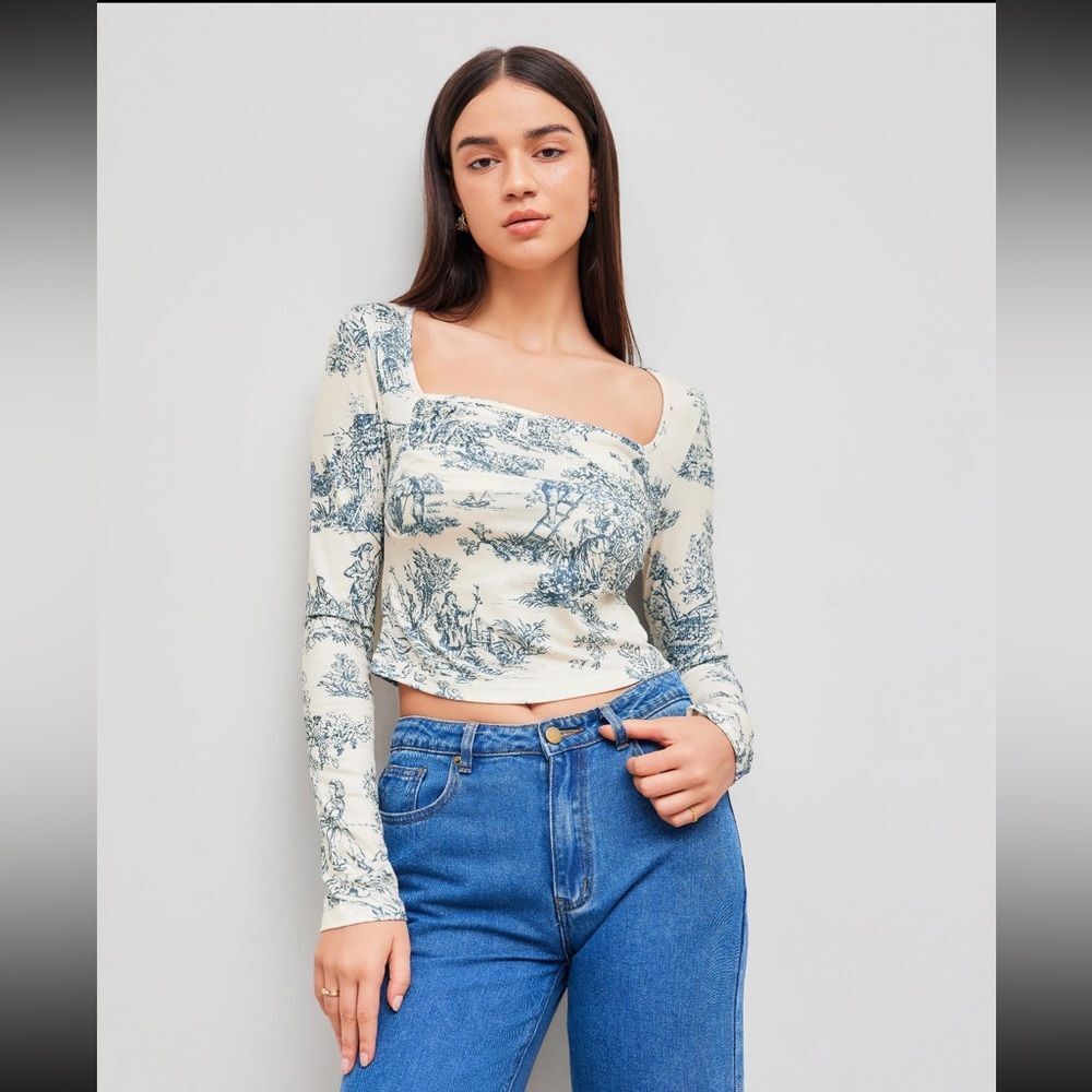Cider Blue Toile Print Long Sleeve Crop Top – Size XL - NWT